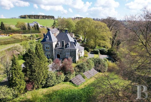 An elegant manor with outhouses and tree-dotted grounds, nestled in the Belgian province of Luxembourg
