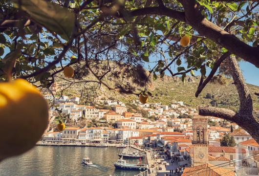 In the Saronic Gulf, a 1925 house on Hydra, built of stone and wood, overlooking the harbour